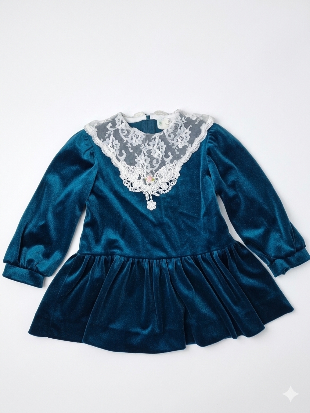 VTG Rare Editions Teal Velvet Lace Bib Collar Dress Sz 4 ILGWU 70s 80s Holiday